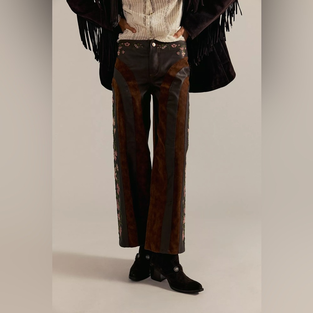 $298! FP We The Free Belle Embroidered Vegan Pants Shaved Chocolate SZ US 4 NWOT - Picture 2 of 4